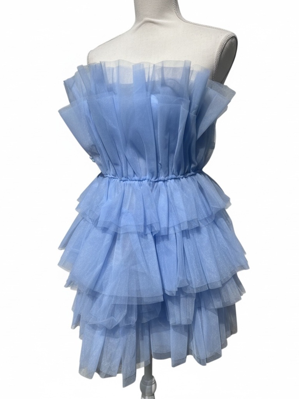 Mable Dusty Blue Tulle Mini Dress Strapless Tiered Ruffle Party Prom M - Picture 2 of 11